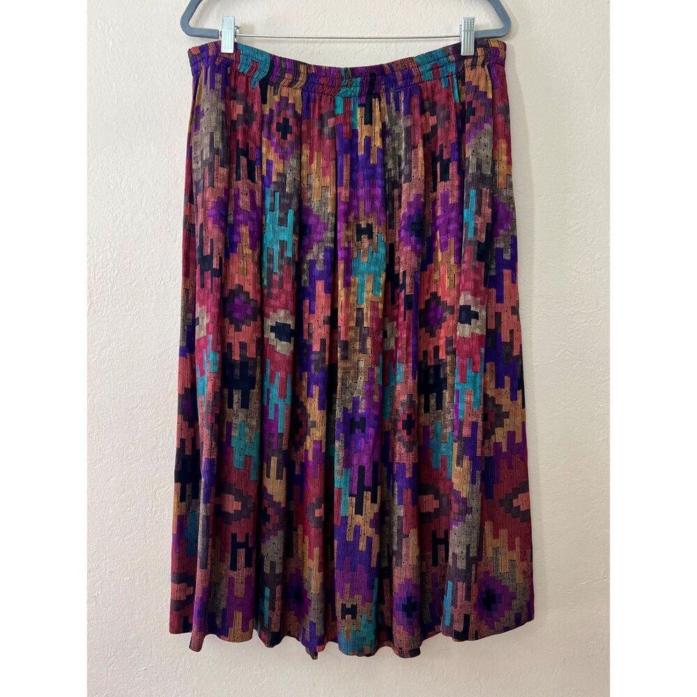 VTG 80s Anne Klein II 100% Silk Ikat Print Pleated Midi Skirt Fits 36" Waist